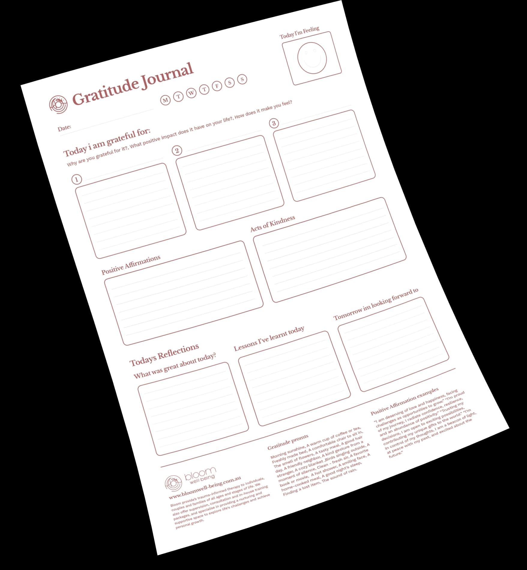 Bloom Well-being Gratitude Journal template mockup showing daily prompts, positive affirmations, acts of kindness, and reflection sections